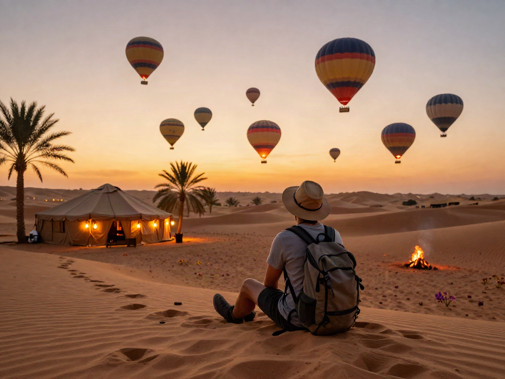 A traveler at a desert sunset oasis observing colorful hot air balloons, feeling the thrill of adventure in a beautiful landscape.