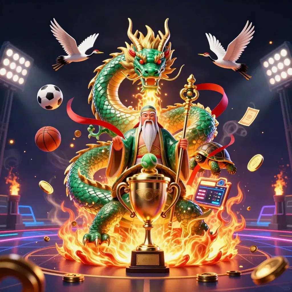 Emerald dragon, turtle sage, and cranes amid gold fire, trophies, coins, and stadium lights.