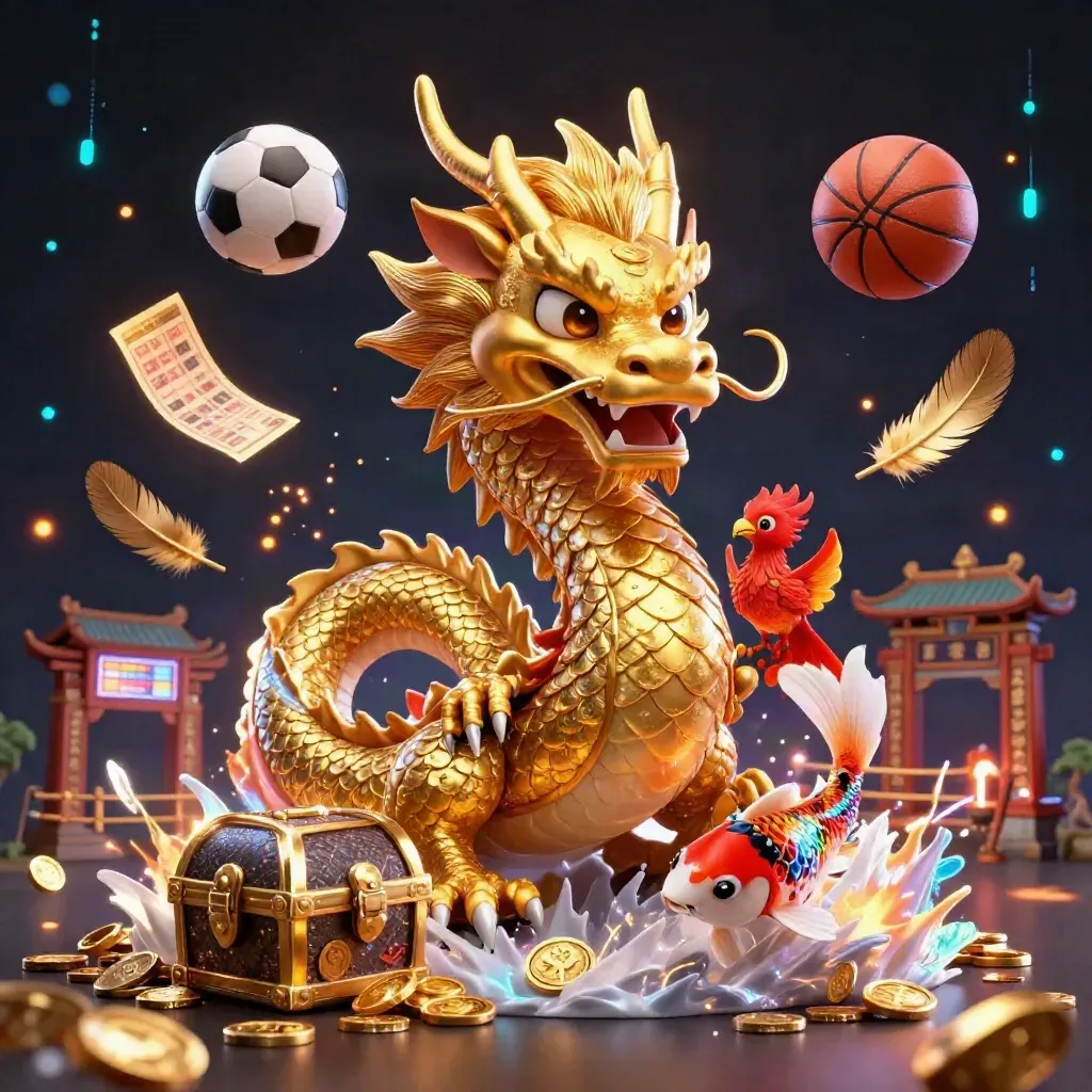 Gold dragon, phoenix, koi and sports gear explode in neon casino fantasy art.