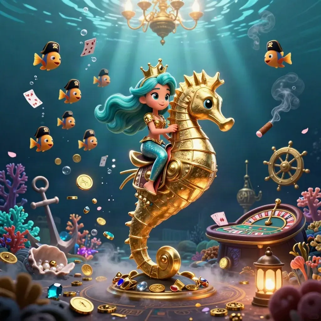 Mermaid princess rides a golden seahorse above an underwater casino treasure cove.