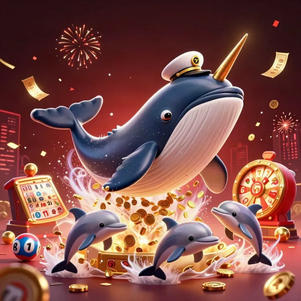 Whale captain, narwhal, and dolphins burst through coins with casino prizes and red-gold effects.
