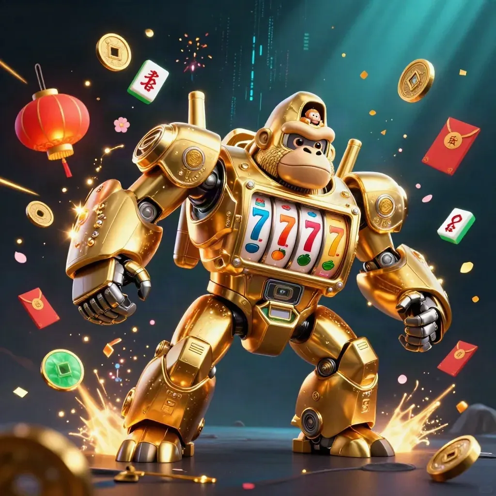 Golden gorilla mech with tiny monkey pilot, reels, lanterns, gems, and neon energy in deep sea glow