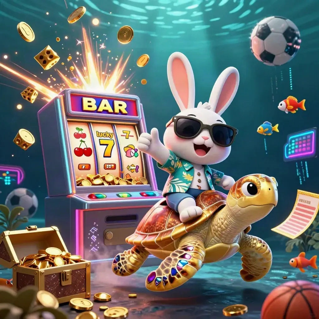 Cartoon rabbit rides a golden turtle amid coins, slot bursts, and underwater fireworks.