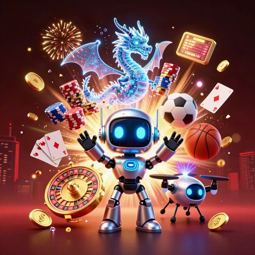 Cyberpunk robot, holographic dragon and drone amid coins, chips, cards, roulette, fireworks.