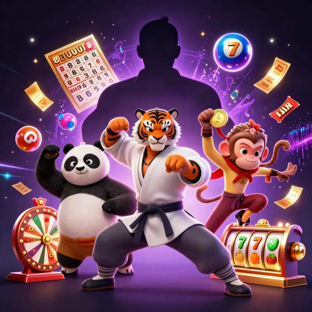Kung-fu tiger, panda, and monkey amid casino game bursts in neon purple-gold light.
