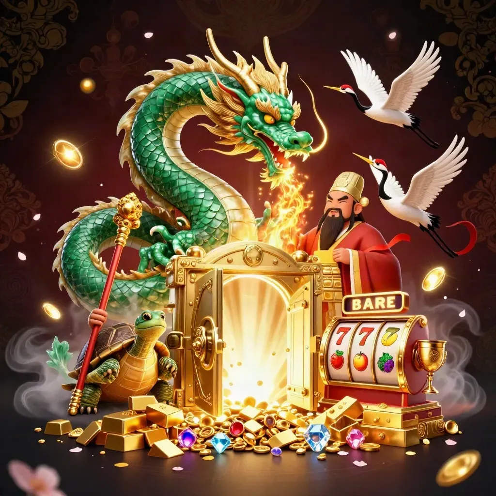 Emerald dragon, turtle sage, and cranes burst amid gold, vault light, and casino symbols.