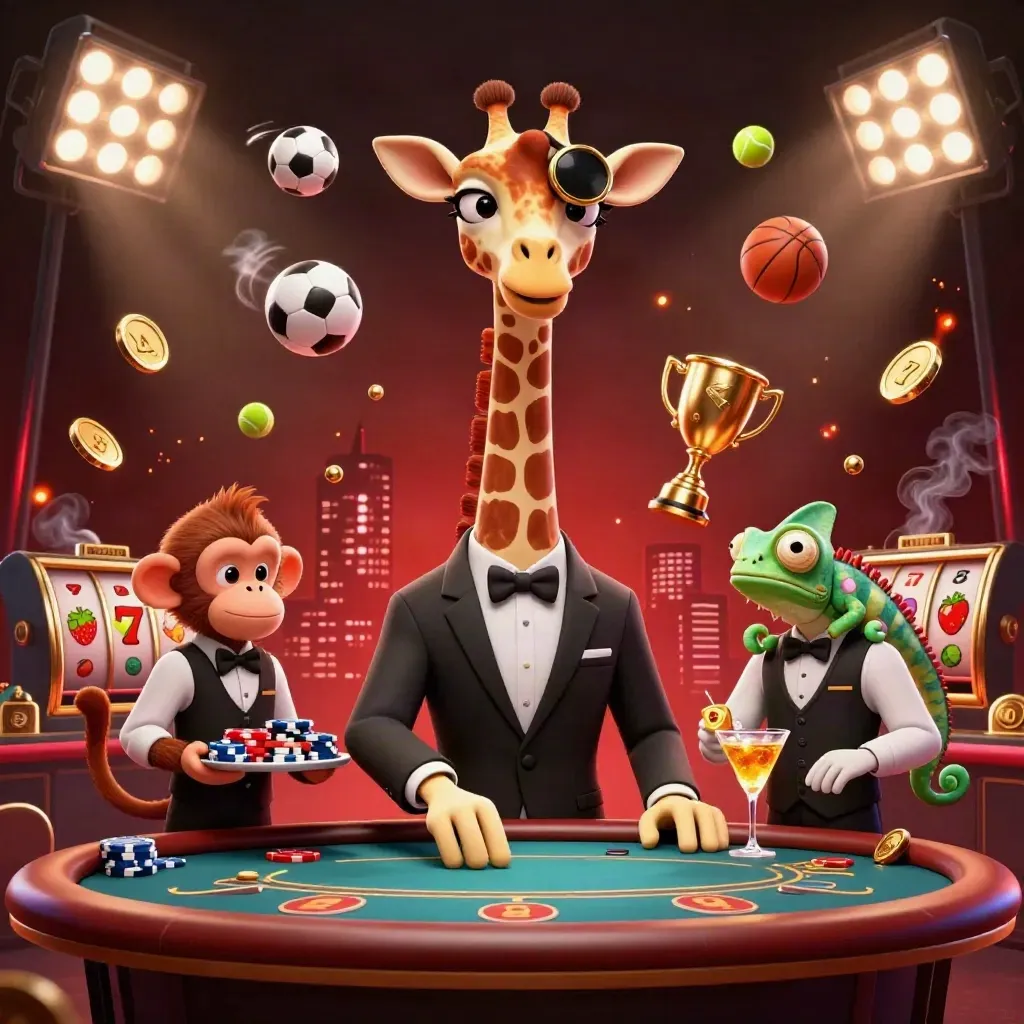 Giraffe, monkey, and chameleon at a VIP poker table amid flying balls, coins, reels, and red casino lights.