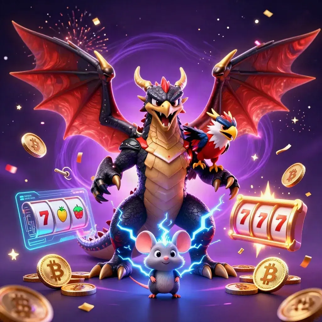Thunder dragon, wind hawk and static mouse amid casino coins, lightning and glowing reels.